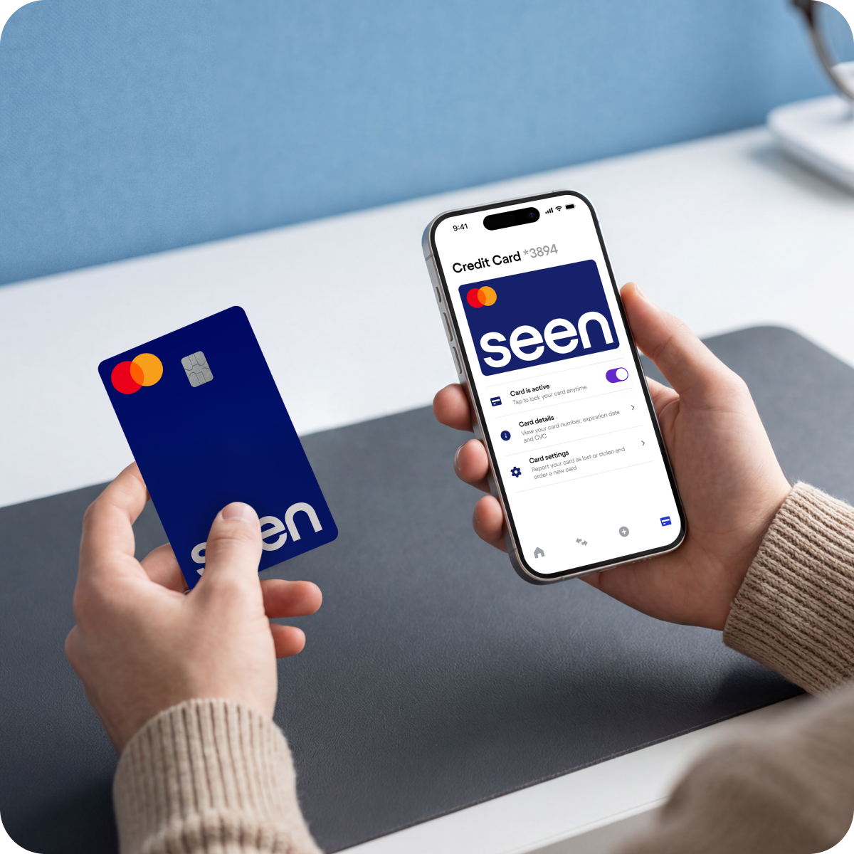 Person holding a Seen credit card while shopping
